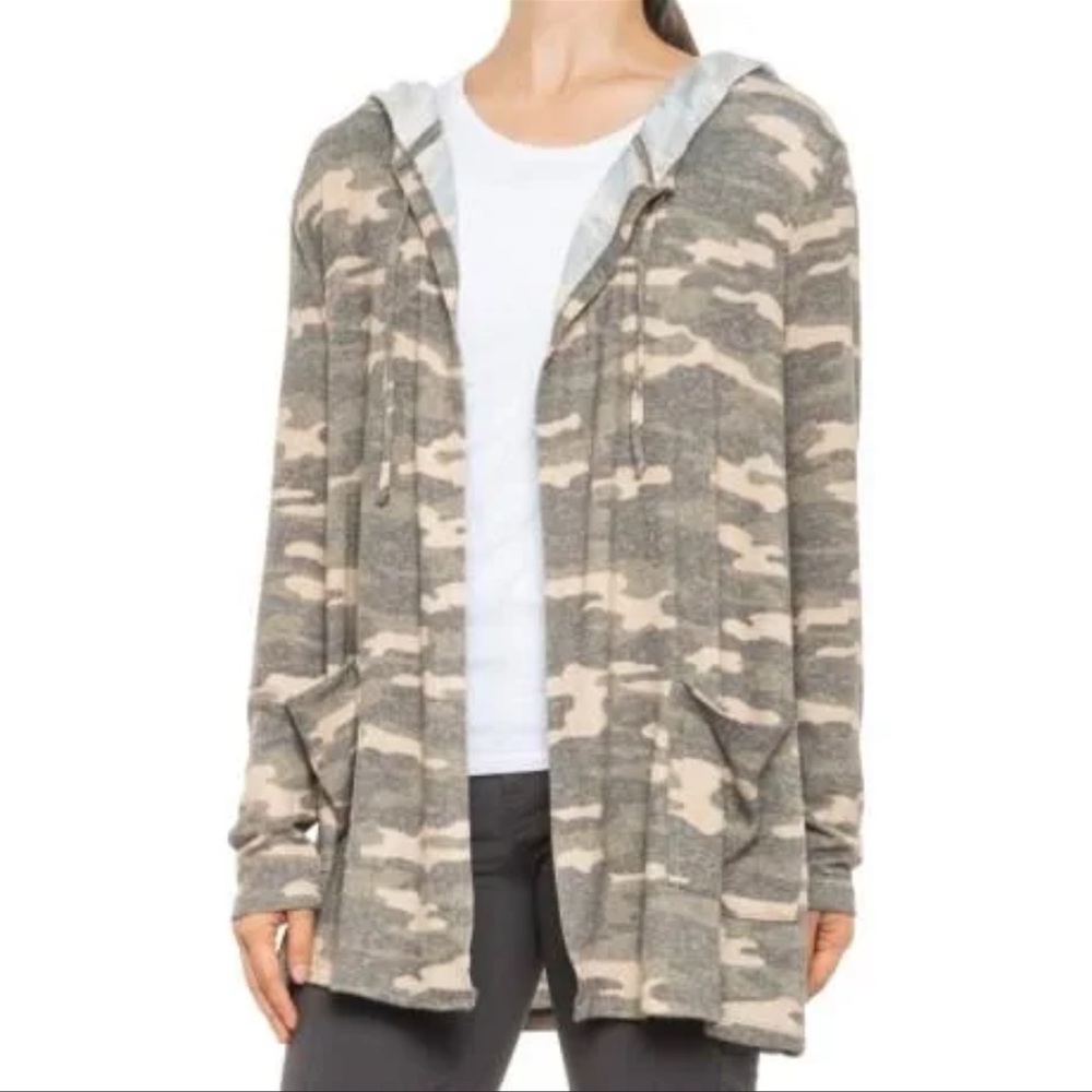 Lucky Brand Camo Print Jersey Hooded Cardigan Coatigan Sweater Medium